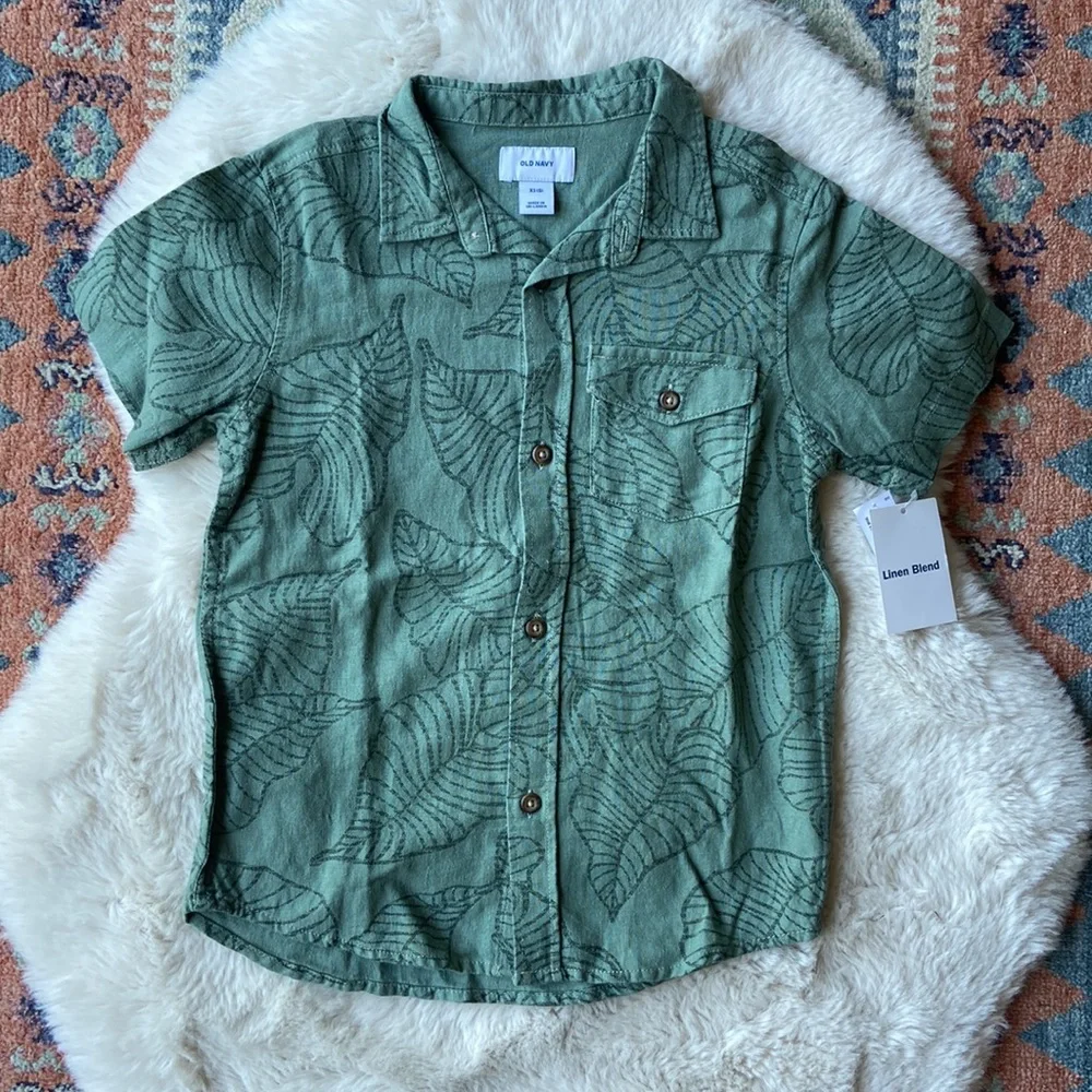 Old Navy boys green Hawaiian print linen shirt tropical luau summer xs 5